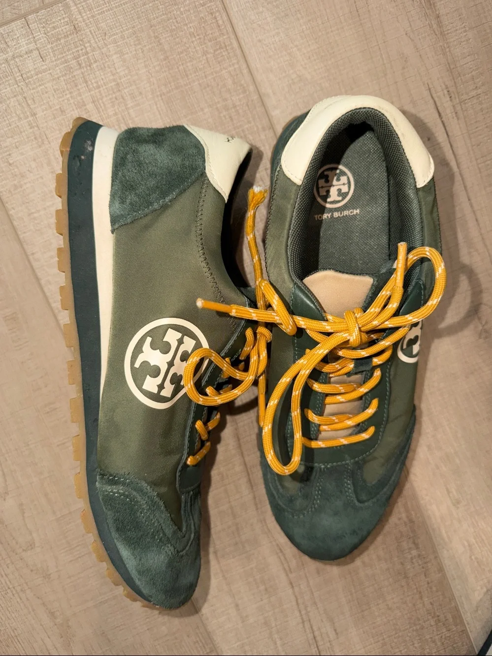 Tory Burch Annie Nylon Green Suede Women’s Sneakers with Yellow Laces-10.5